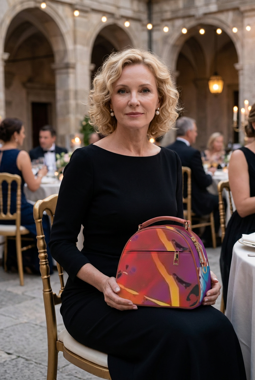 Abstract mini handbag at a courtyard dinner