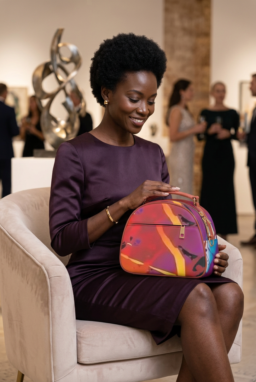 Abstract mini handbag at a gallery reception