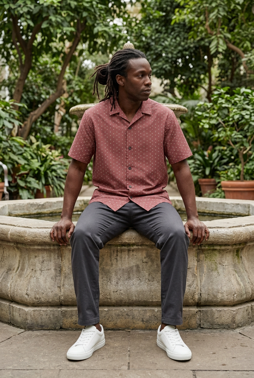Afro-Caribbean model seated beside a botanical plaza fountain