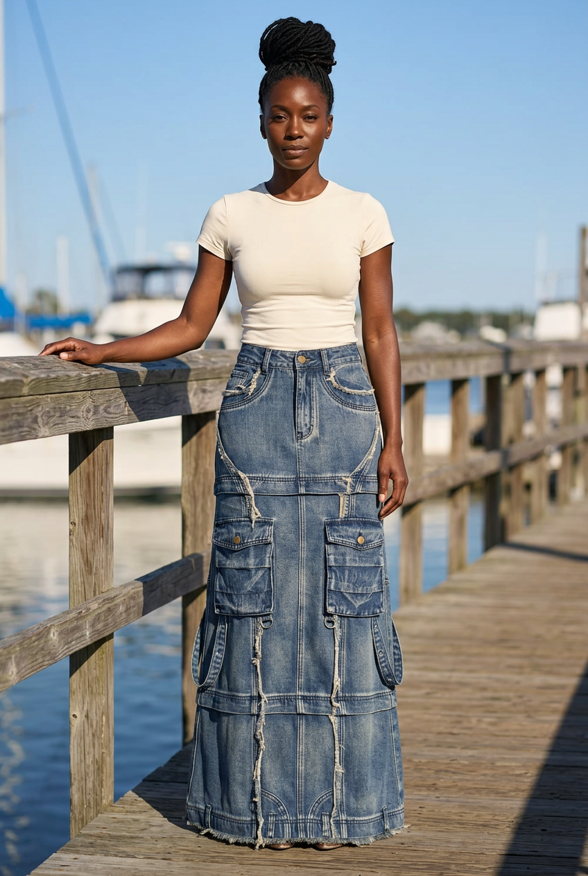 Afro-Caribbean model wearing the blue cargo maxi skirt