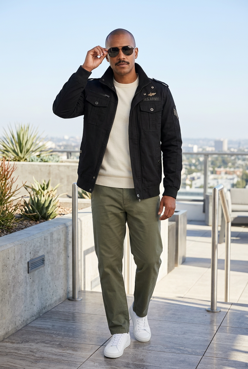 Afro-Latino model adjusting sunglasses on a rooftop terrace