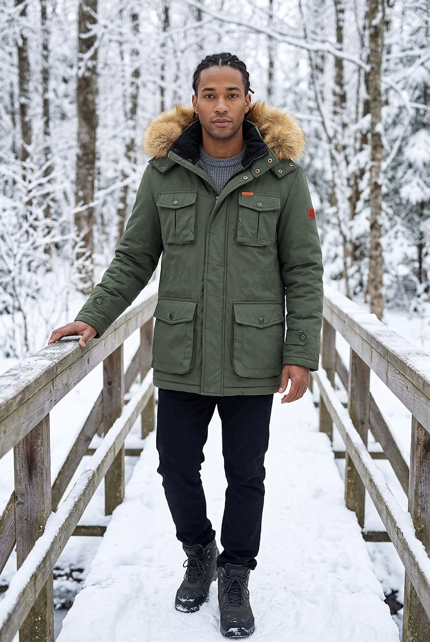 Afro-Latino model beside a snowy woodland bridge railing with the hood down