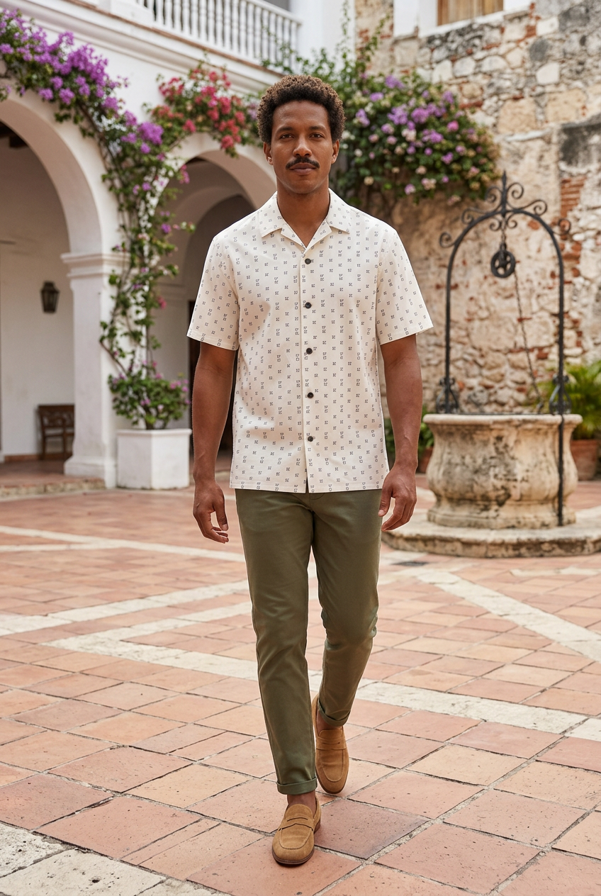 Afro-Latino model walking through a historic tiled courtyard