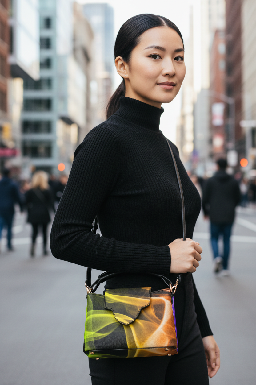 Asian female model smoke swirl crossbody handbag