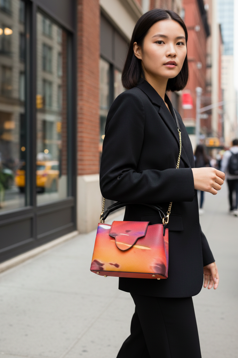 Asian female model sunset crossbody handbag