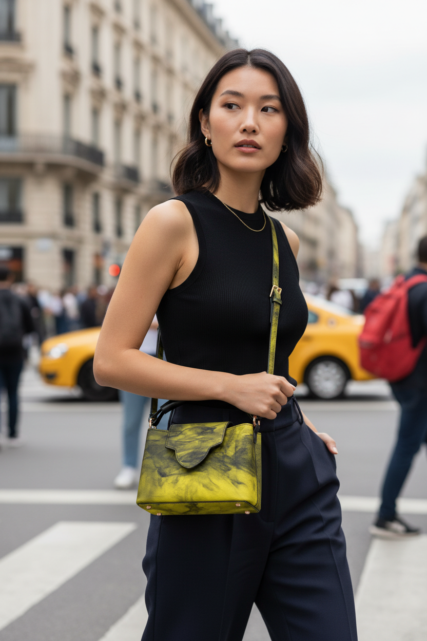 Asian female model yellow olive crossbody handbag