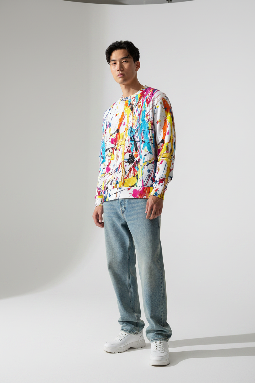 Asian man in paint splatter sweatshirt, studio setting