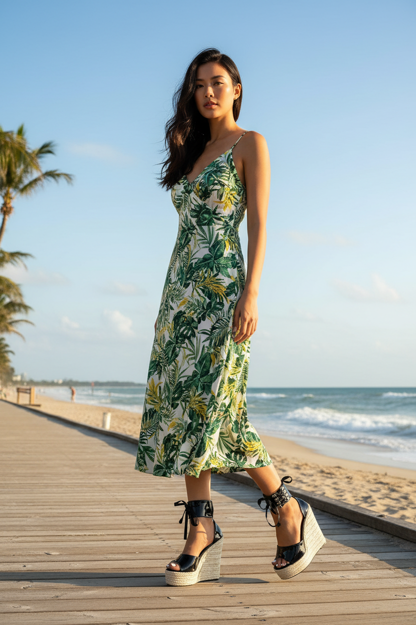 Asian woman wearing black wedge sandals on beach boardwalk