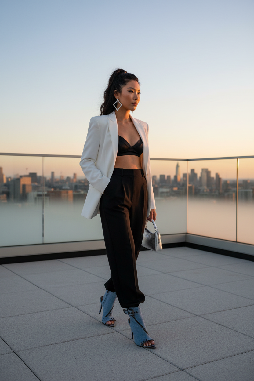 Asian woman wearing denim ankle bootie heels on rooftop terrace