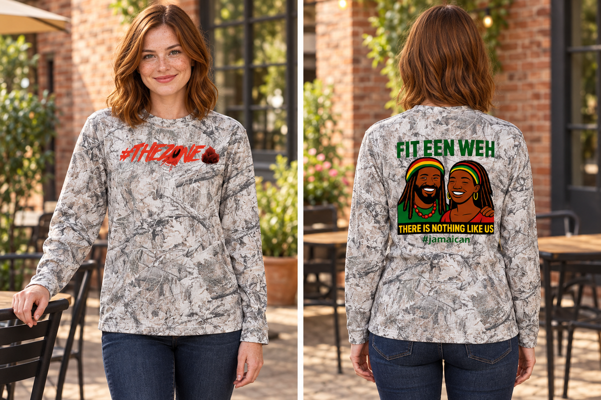 Auburn-haired female model, front and back in a cafe courtyard