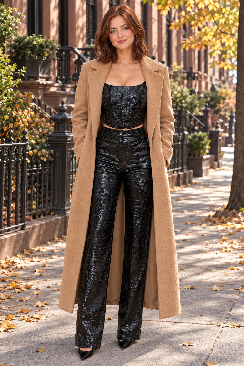 Auburn-haired model in a full-length camel coat over the black croc set on a brownstone street