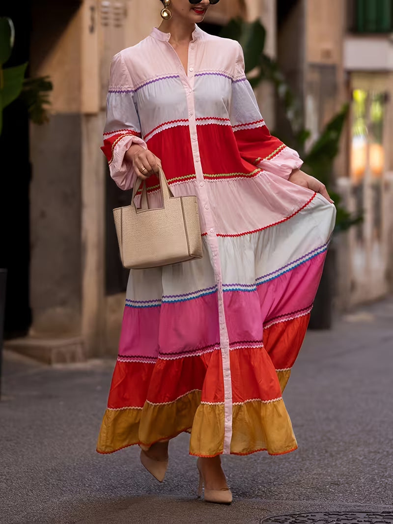 FZ Women's Bohemian Style Stripes V-Neck Lantern Sleeve Maxi Dress
