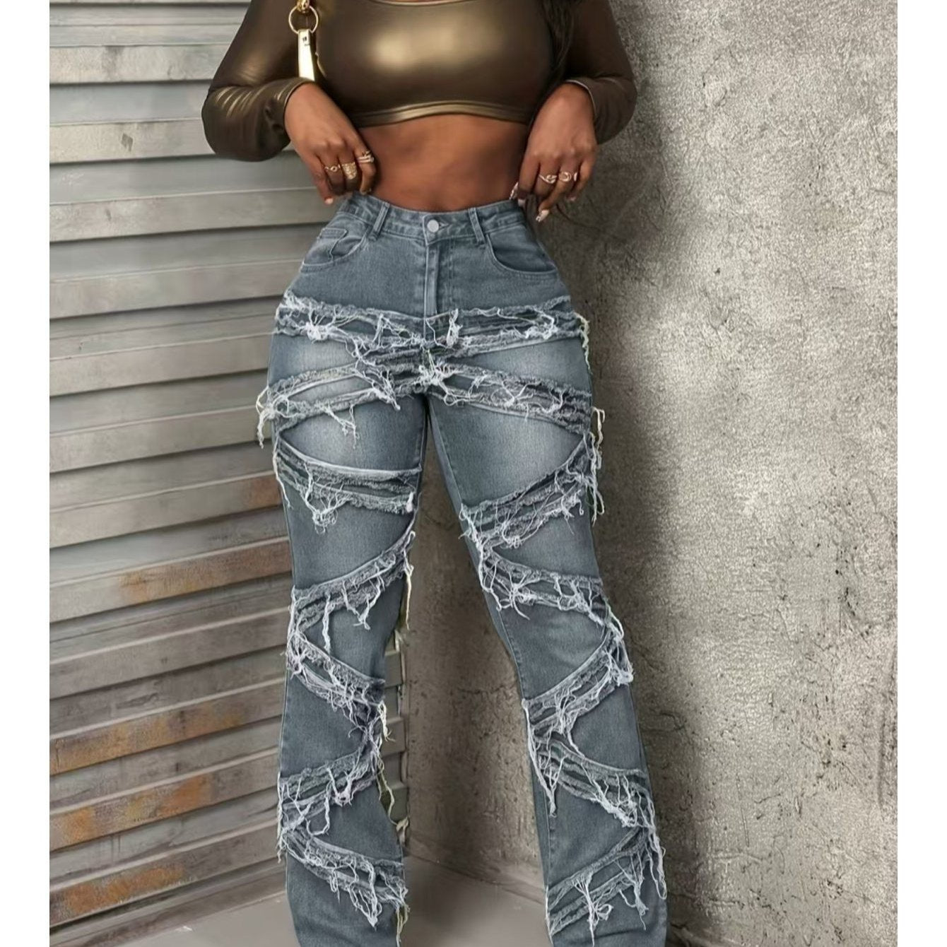 FZ Women's Laminated hole washed straight tube fringe Denim Pants