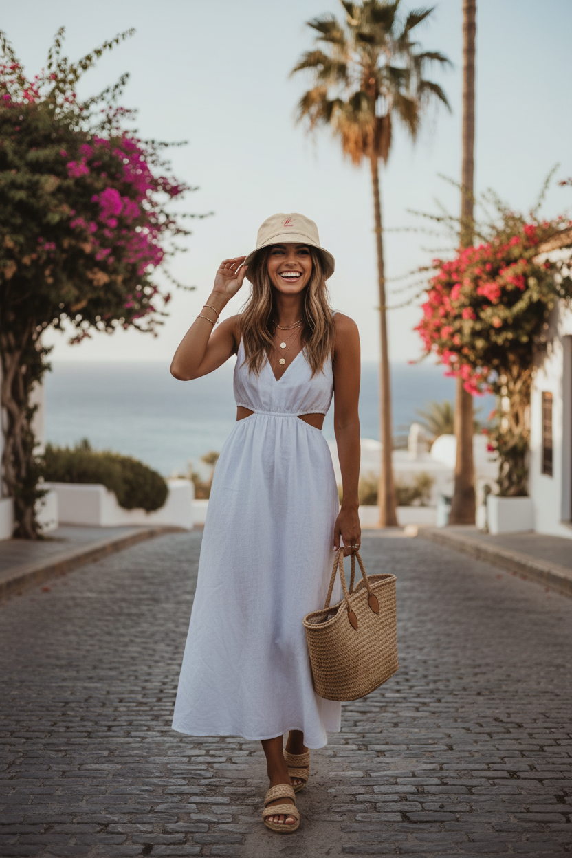 Beige bucket hat - woman lifestyle