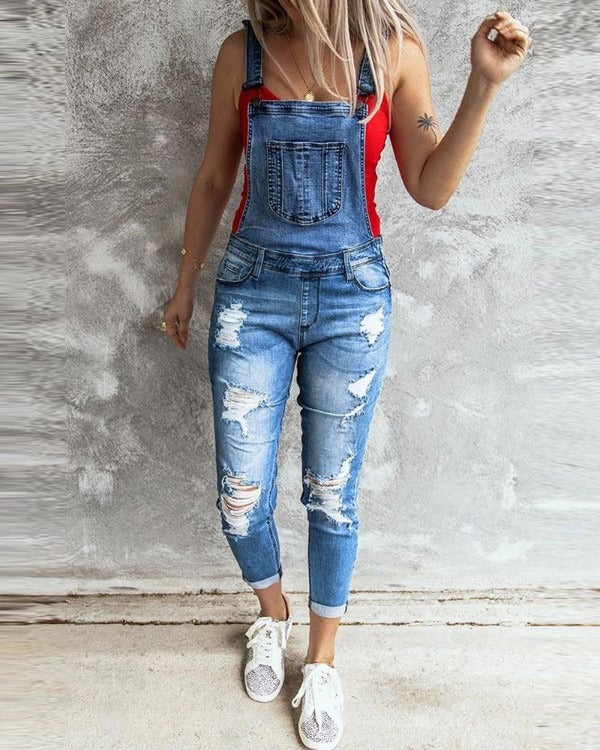 FZ Women's Cutout Denim Suspender Jumpsuit - FZwear