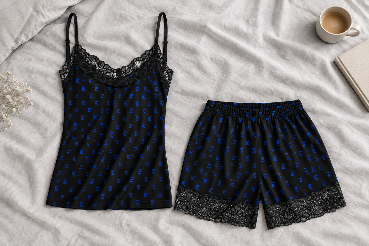 Black-and-blue pajama set bedroom flat lay