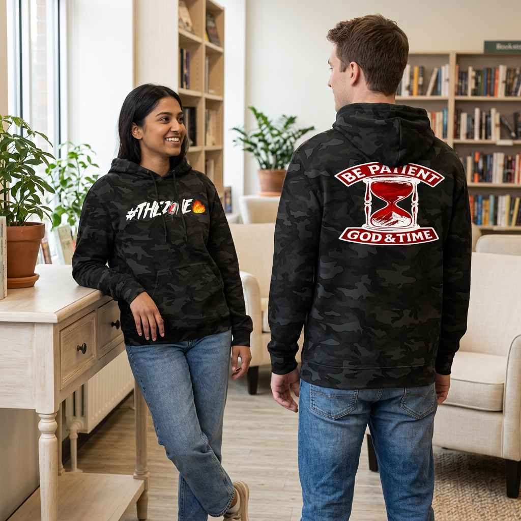 Black camo hoodie lifestyle image with woman showing the front and man showing the back in a bookstore lounge