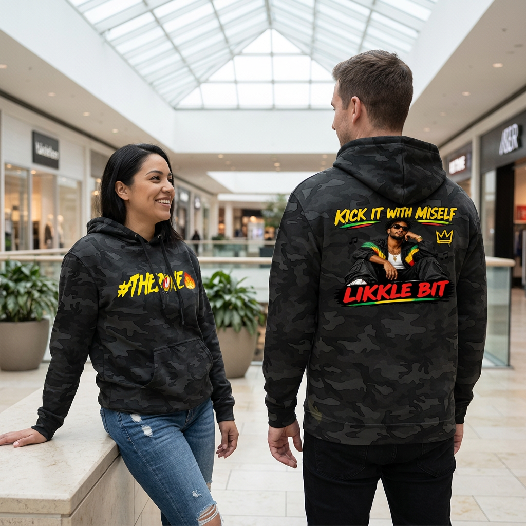 Black camo hoodie lifestyle image with woman showing the front and man showing the back inside a mall