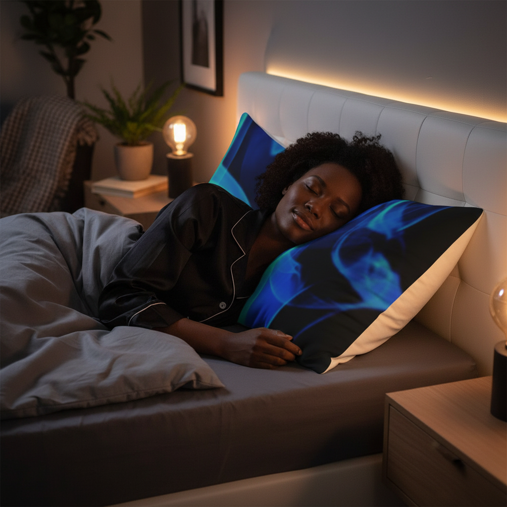 Black female model blue flame smoke pillow
