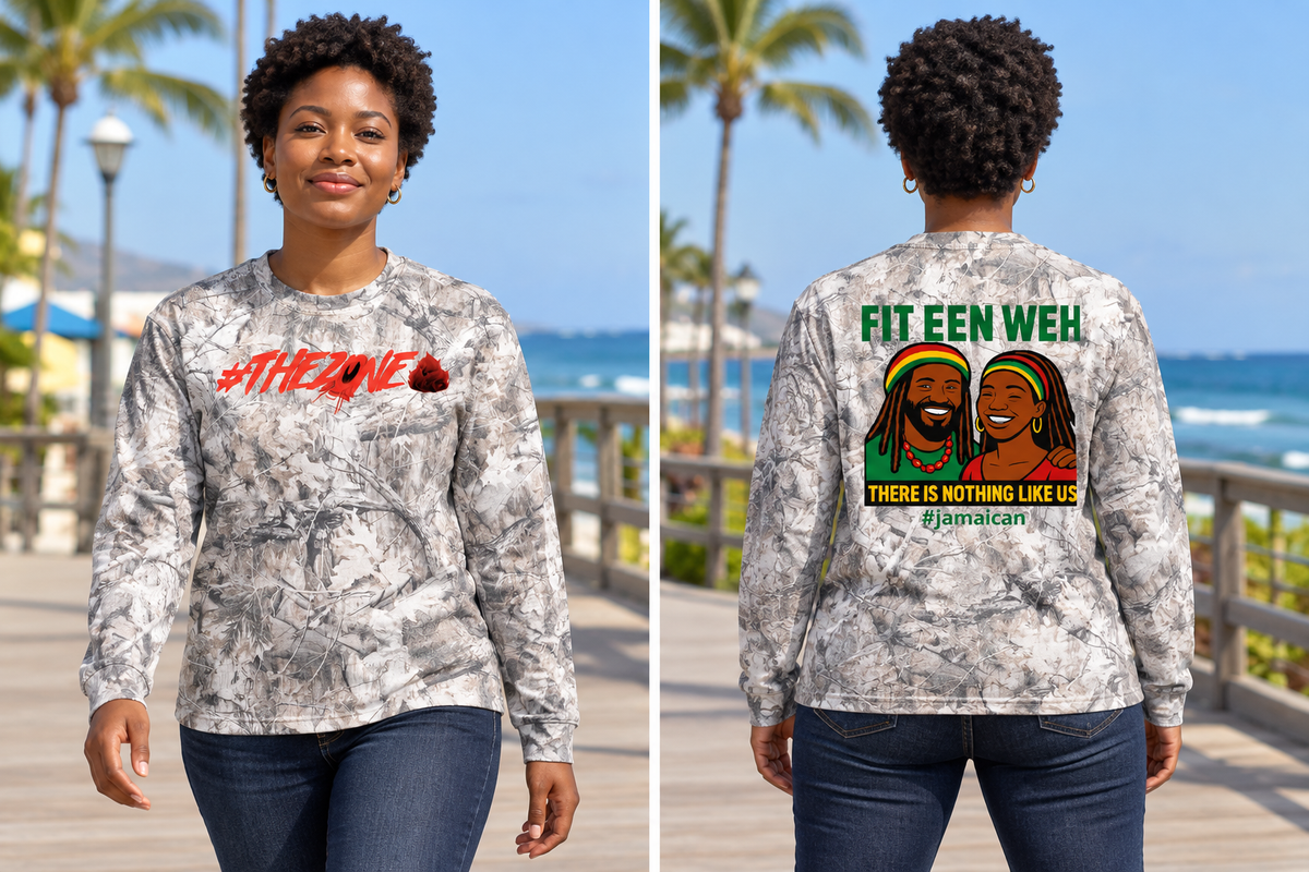 Black female model, front and back on a seaside boardwalk