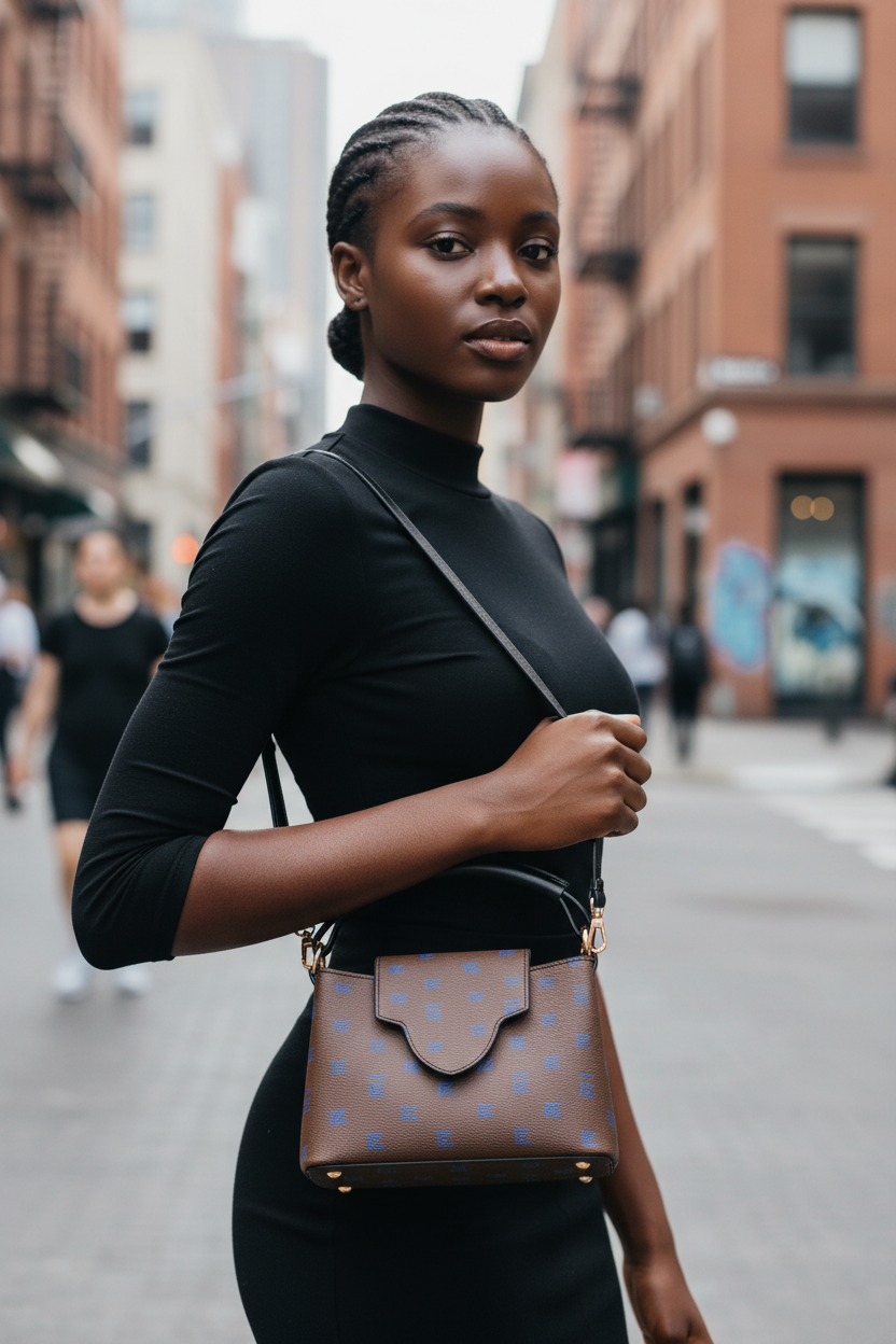 Black female model FZ monogram crossbody handbag