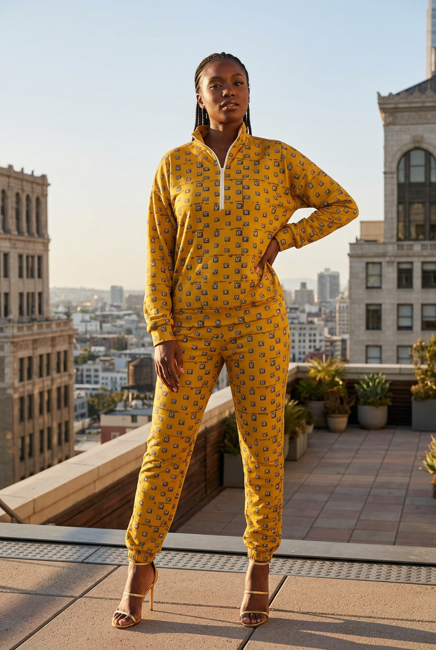 Black female model posing on a rooftop in gold heels
