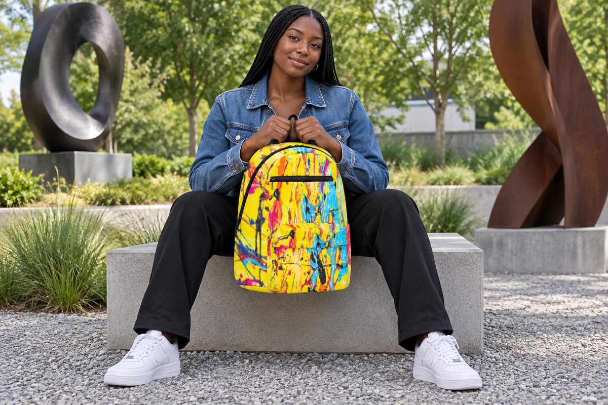 Black female model seated holding the backpack in a sculpture garden