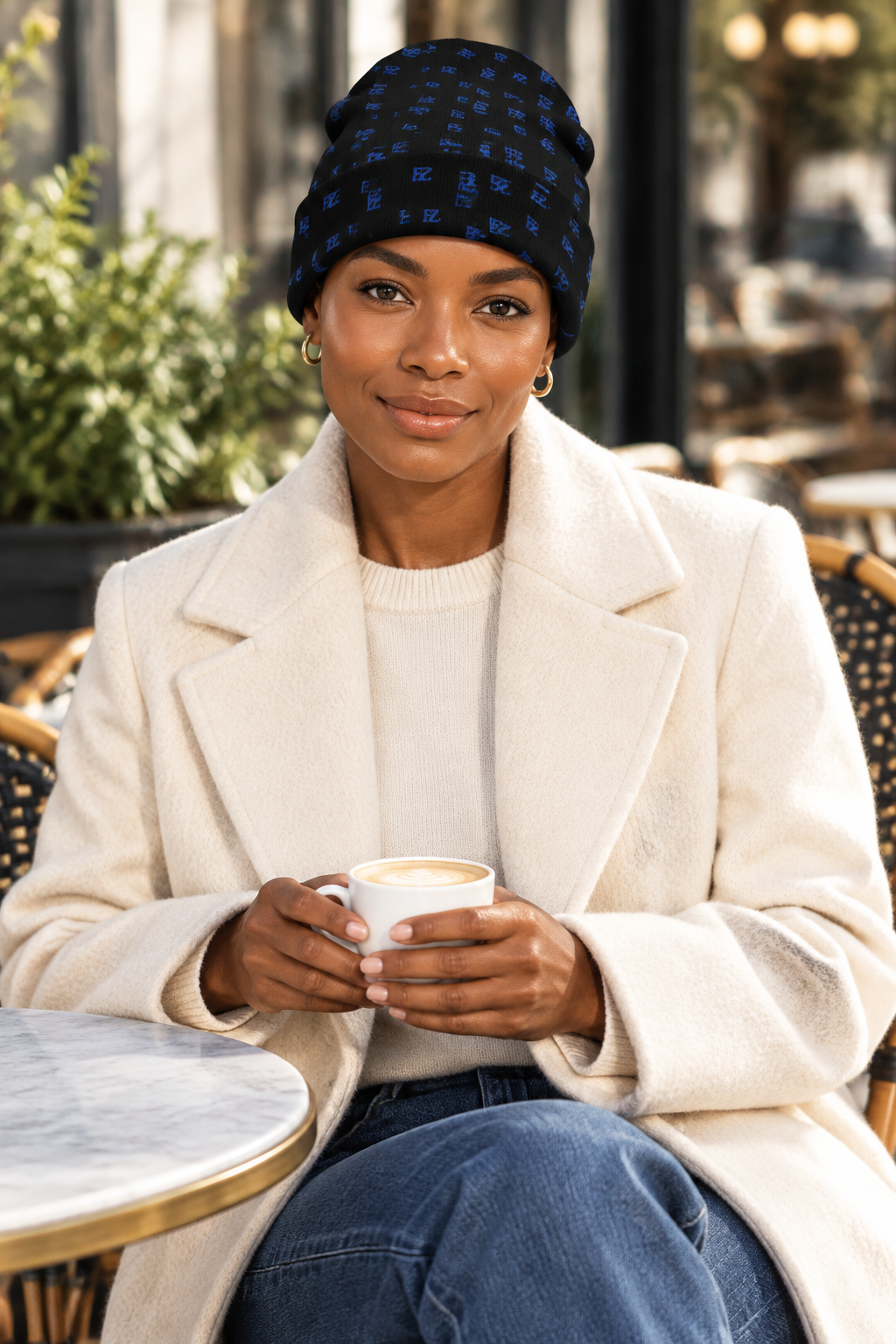 Black female model seated with coffee at an outdoor cafe
