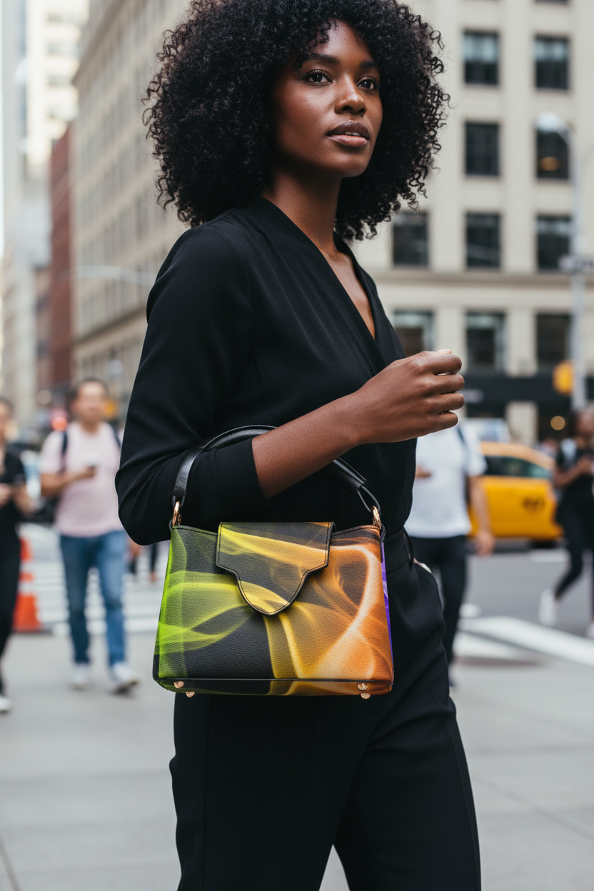Black female model smoke swirl crossbody handbag
