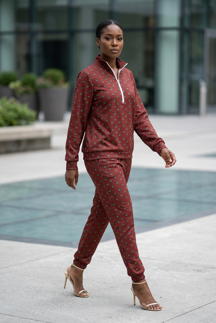 Black female model walking across a plaza in gold heels