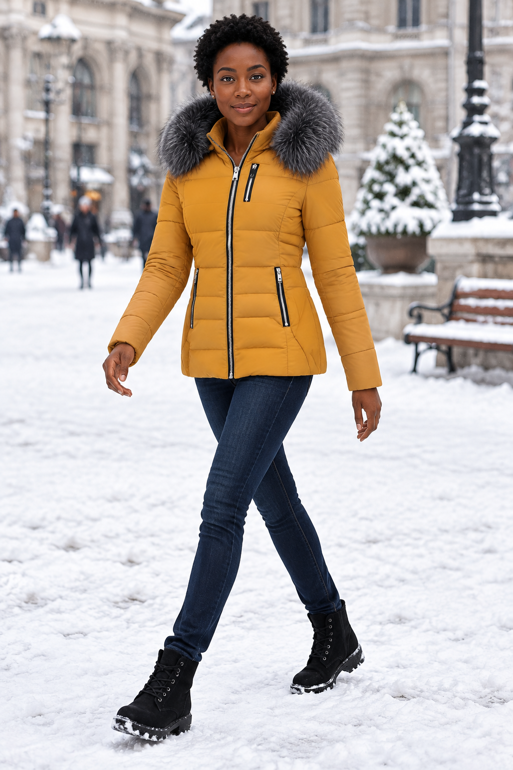 Black female model walking through a snowy city square