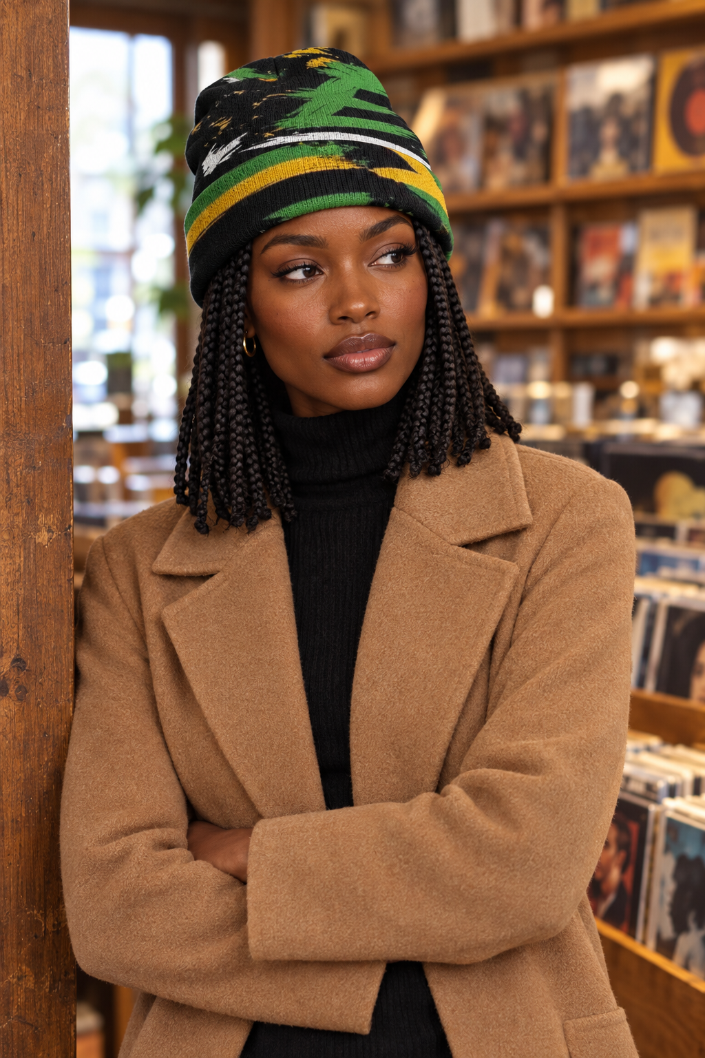 Black female model wearing the beanie in a record shop