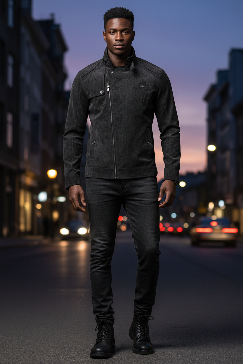 Black male model, front view of black moto jacket