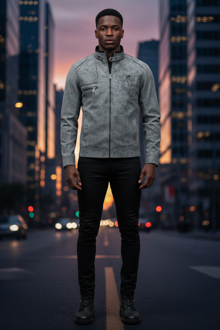 Black male model, front view of charcoal-gray moto jacket