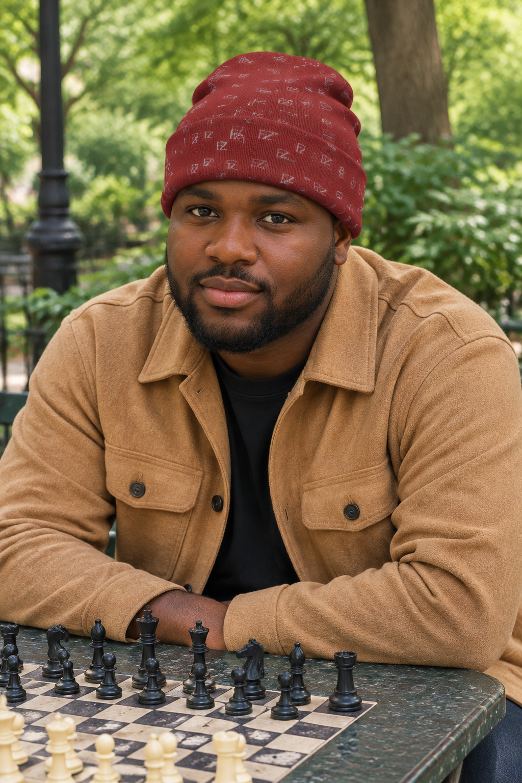 Black male model seated at a park chess table