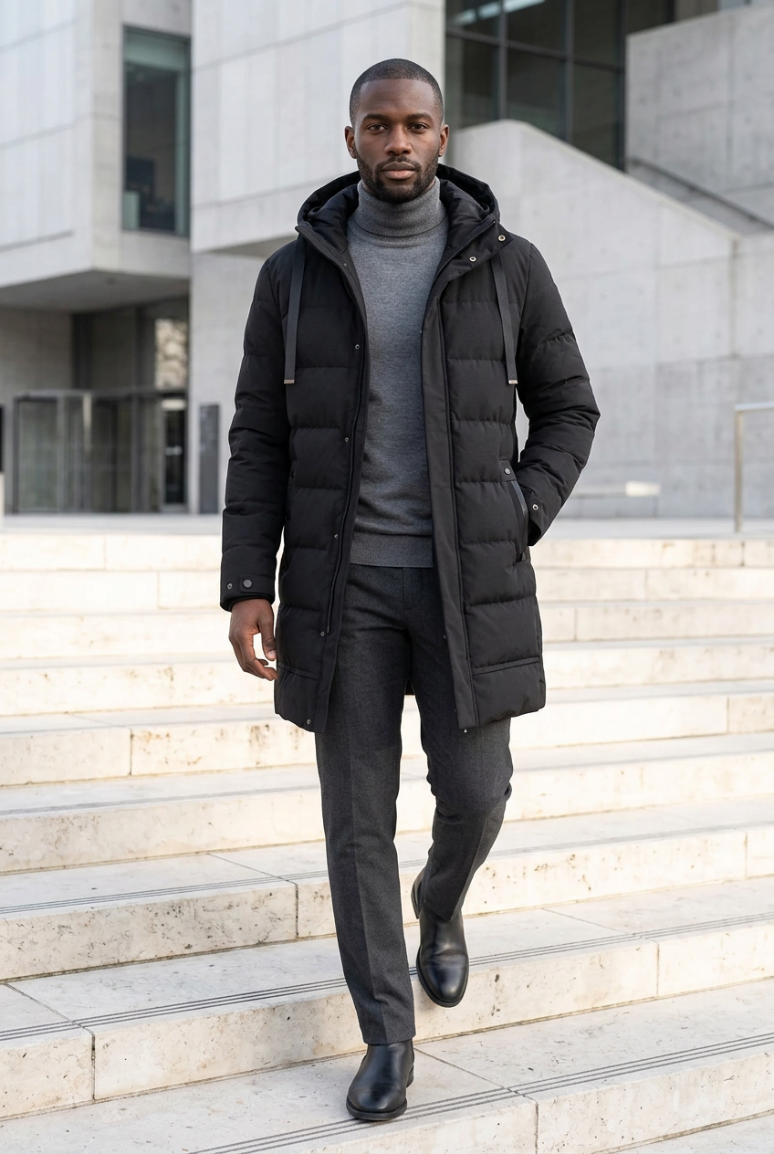 Black male model wearing the black parka on modern museum steps