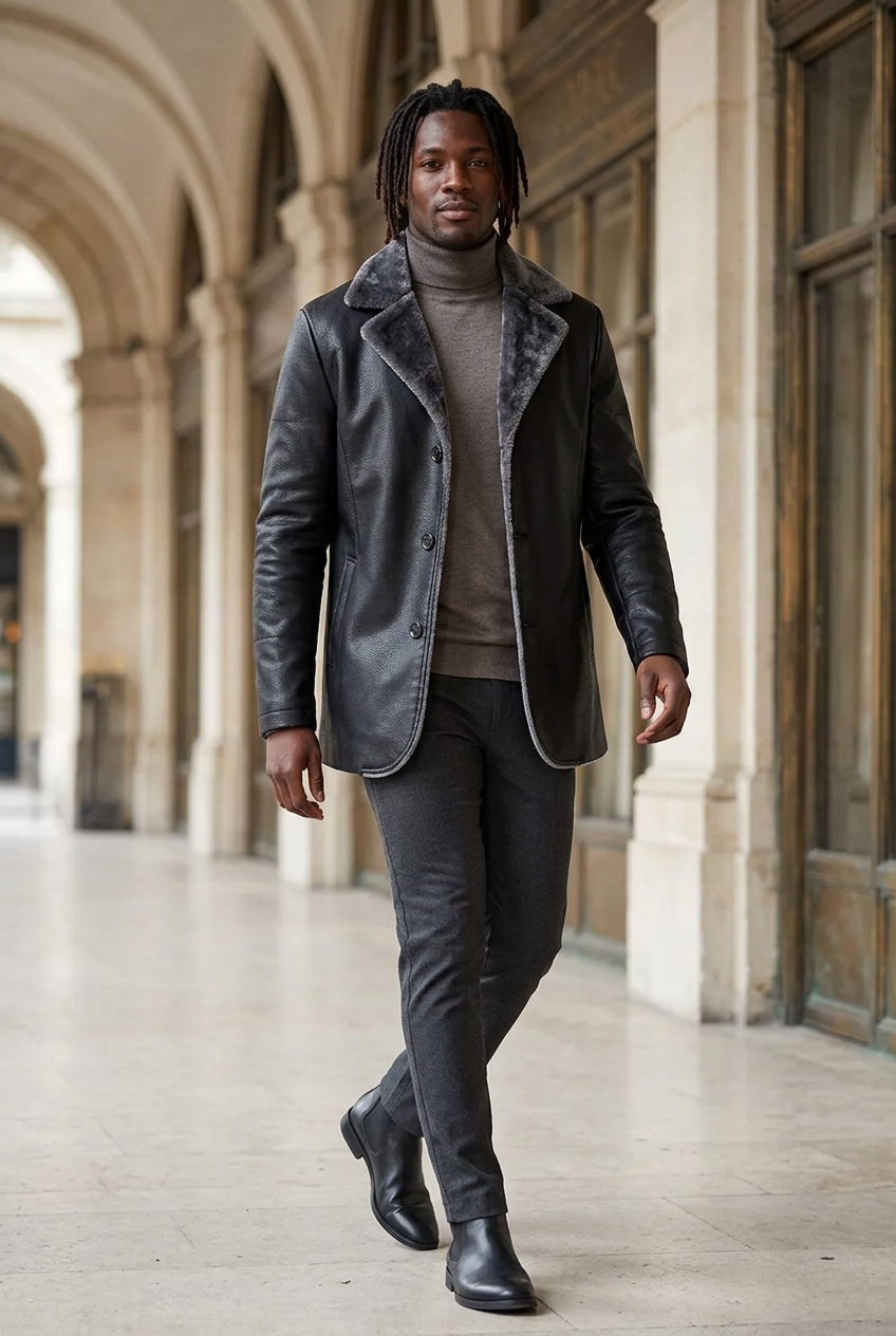 Black male model wearing the black PU blazer with gray plush lapels in a stone arcade