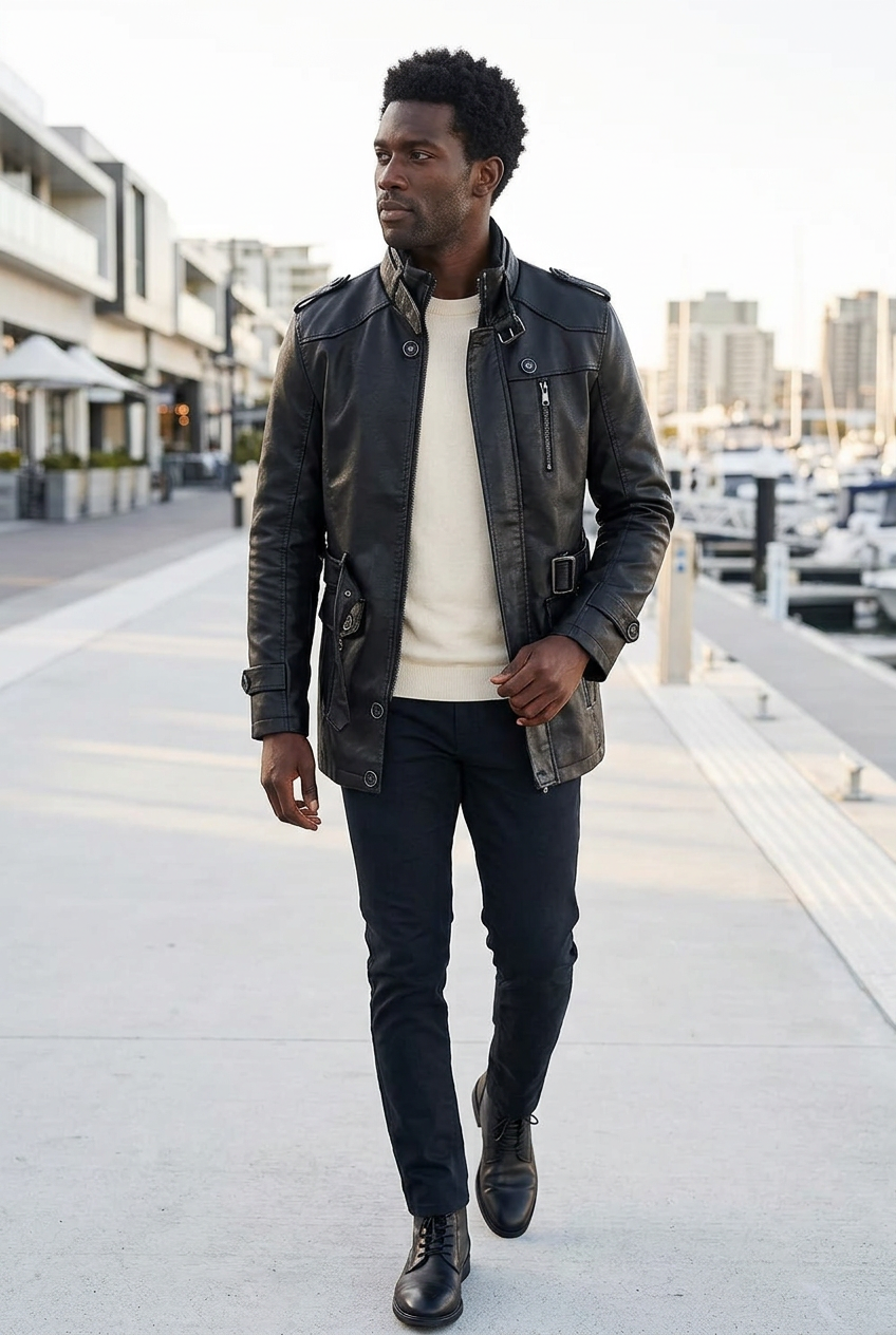 Black male model wearing the black PU leather jacket on a waterfront boardwalk
