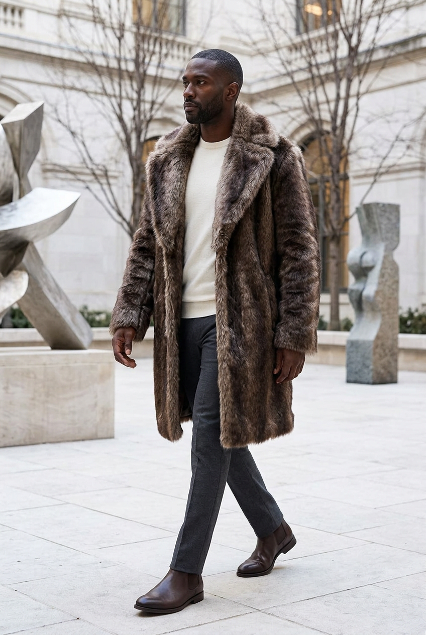 Black male model wearing the brown knee-length coat in a sculpture courtyard
