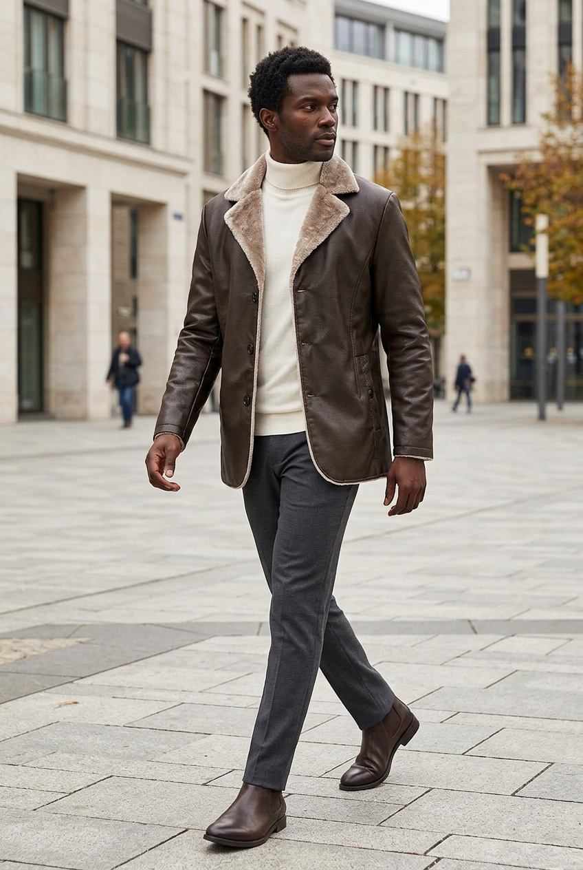 Black male model wearing the dark-brown plush-collar PU jacket in a city plaza