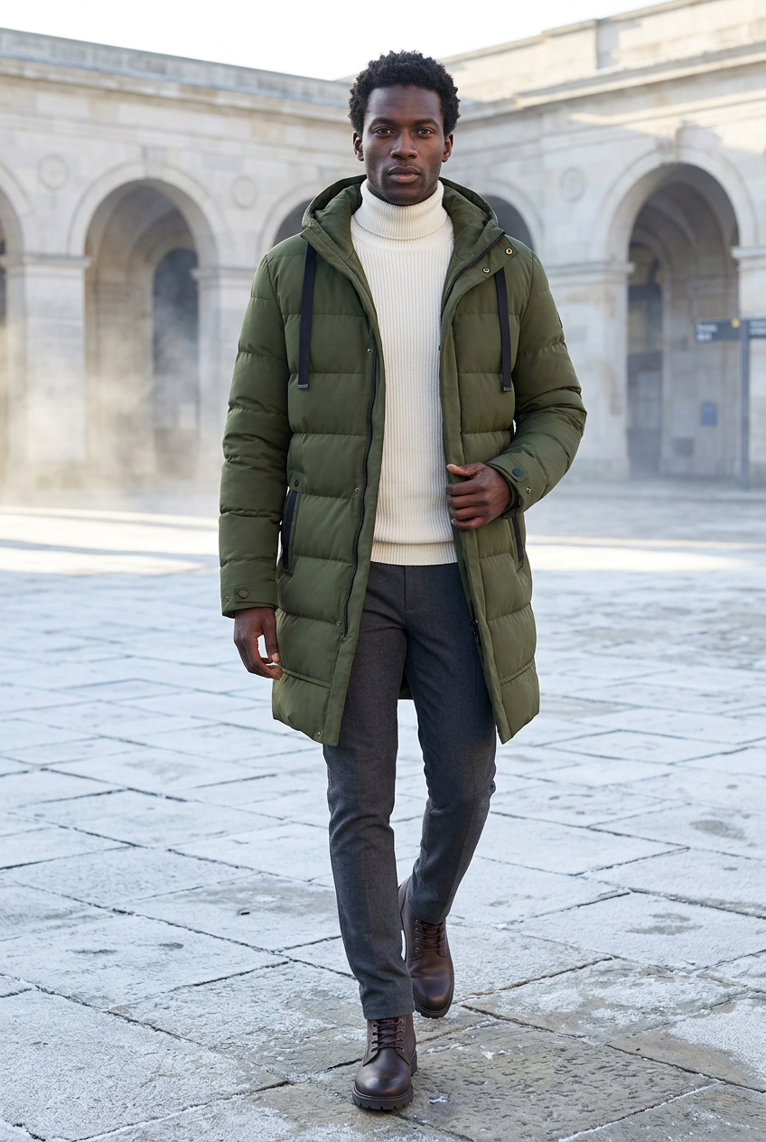 Black male model wearing the olive-green parka at a stone station forecourt