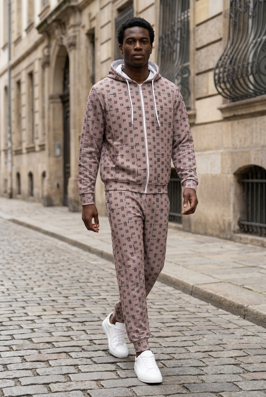 Black male walking along a historic cobblestone street