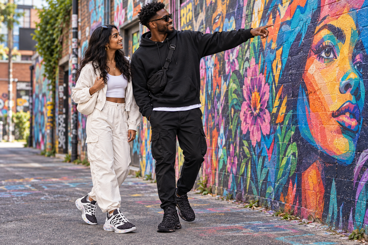 Black man and South Asian woman in a street-art alley in the black Z-logo sneakers