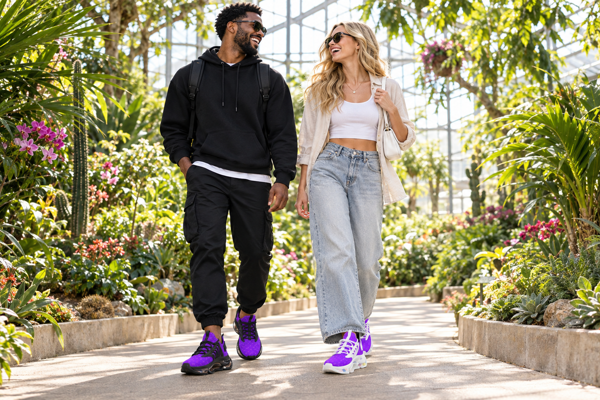 Black man and white woman in a botanical greenhouse in the purple Z-logo sneakers