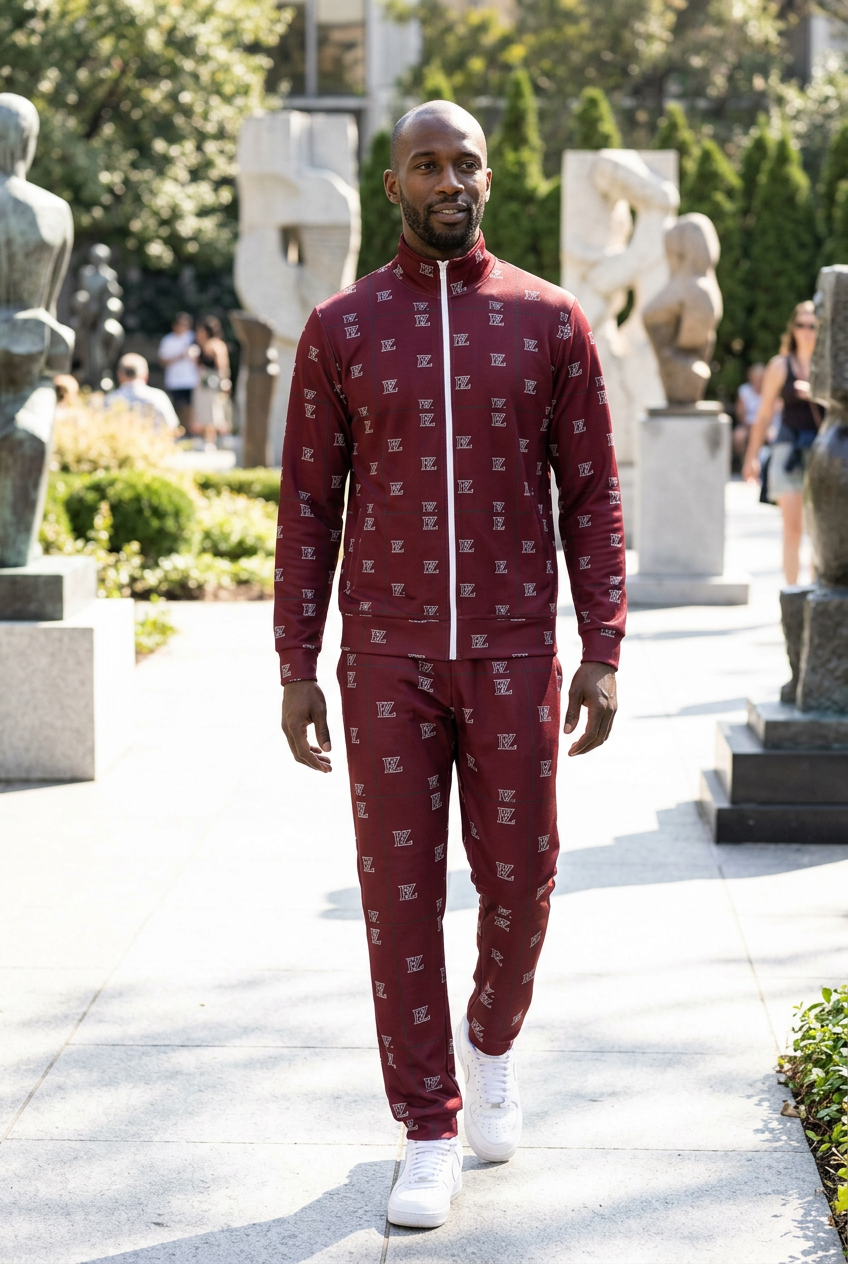Black man in a sculpture plaza