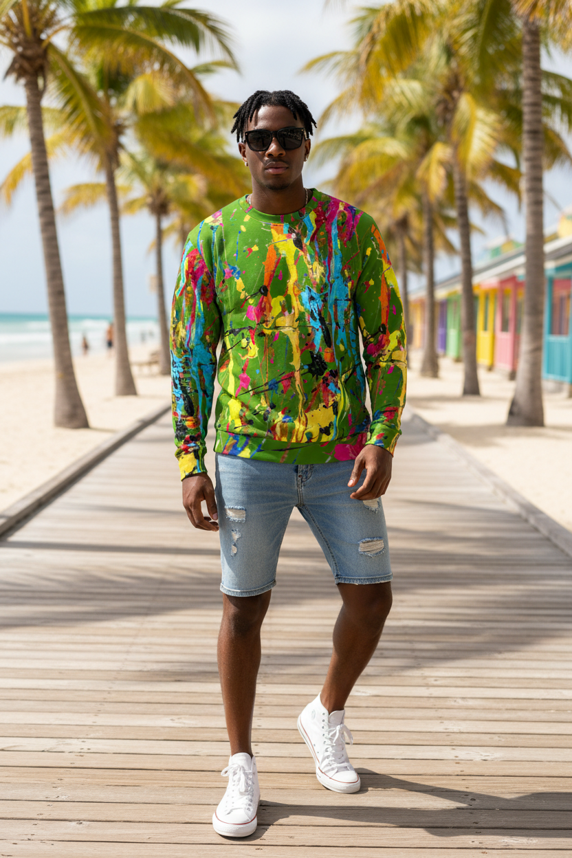 Black man in bright green paint splatter sweatshirt, Caribbean beach setting