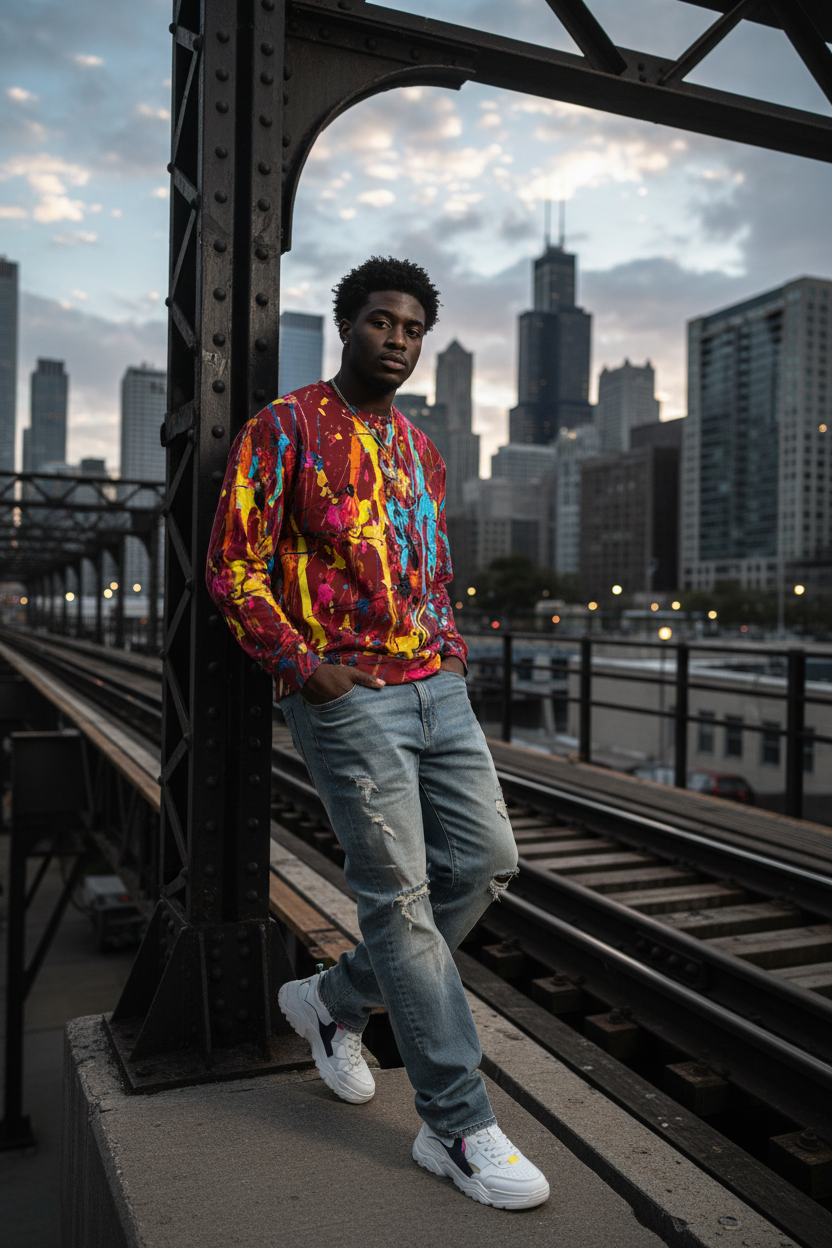 Black man in burgundy paint splatter sweatshirt, Chicago elevated train setting