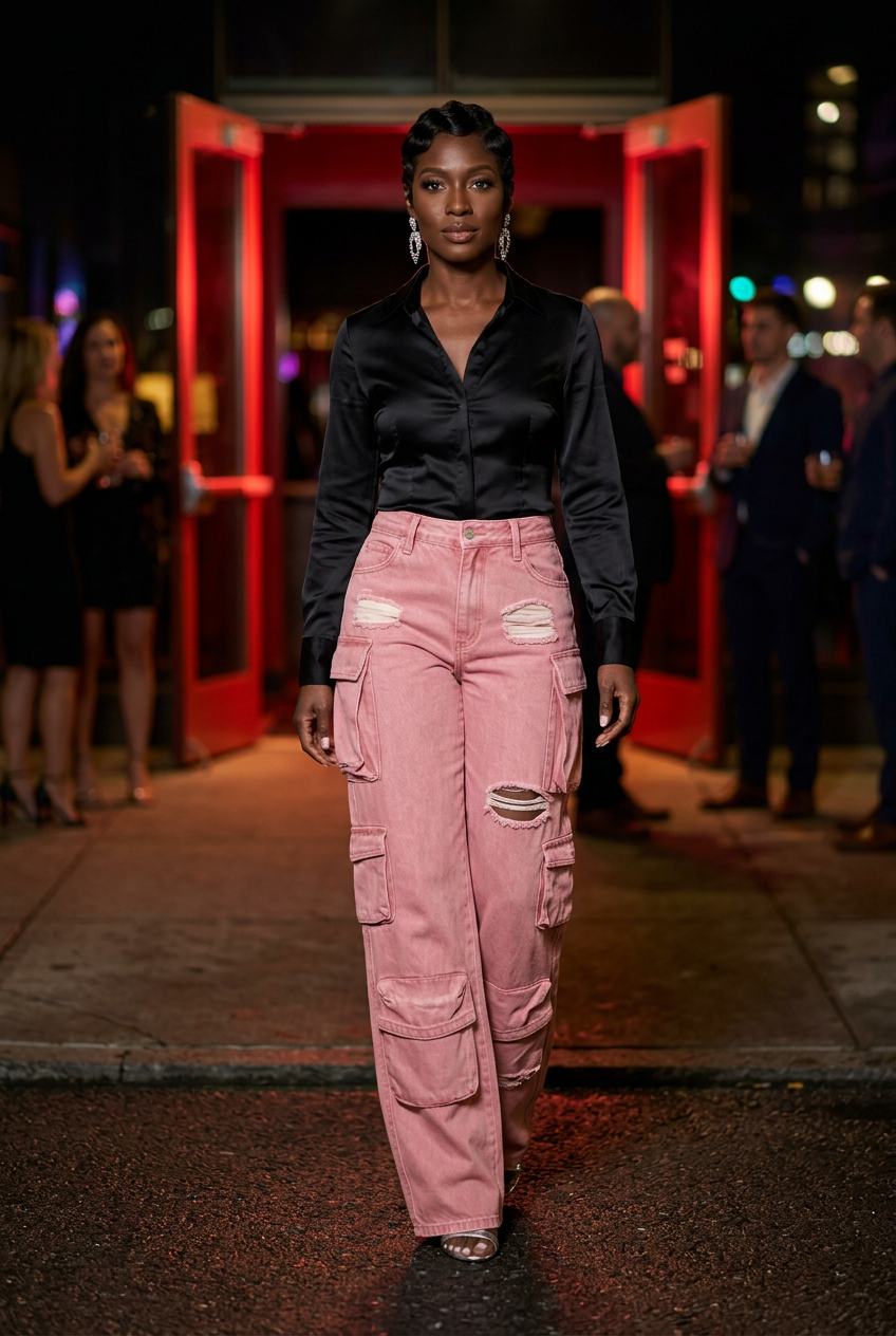 Black model arriving at a cocktail bar in pink cargo jeans and silver heels