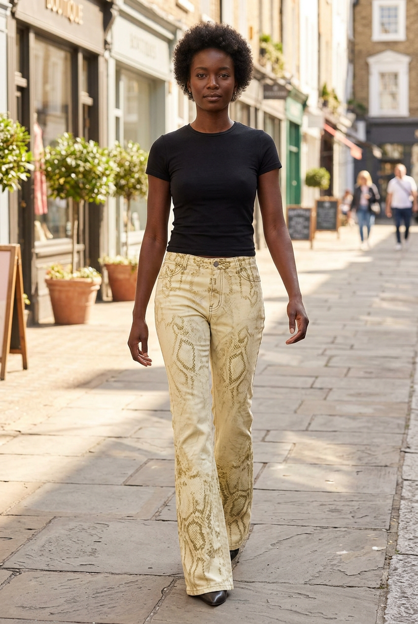 Black model, floor-length denim flares on a boutique street