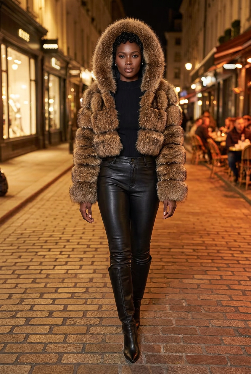 Black model in a city-street evening look